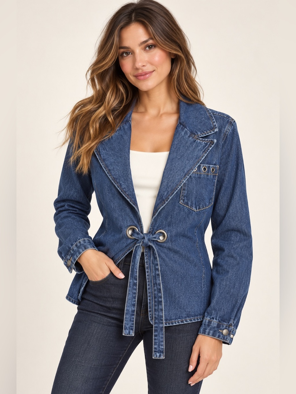 Denim Tie Waist Blazer Jacket Grommet Detail